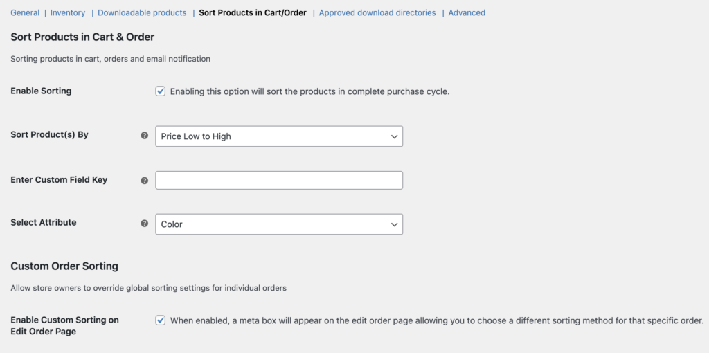 Sort Products in Cart and Order - Settings