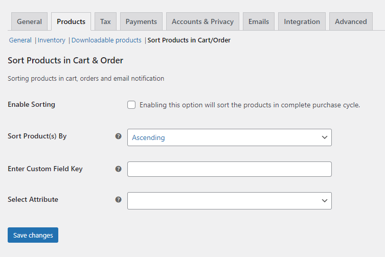 Sort WooCommerce Products in Cart and Order Settings Page