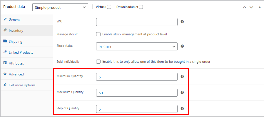 Minimum and Maximum Quantity for WooCommerce- Settings in Inventory Tab