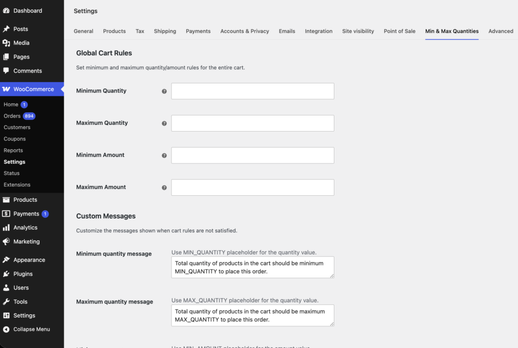Minimum and Maximum Quantity for WooCommerce - Global level options