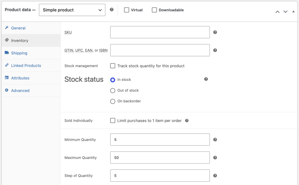 WooCommerce minimum quantity - product level settings in inventory tab showing min and max fields
